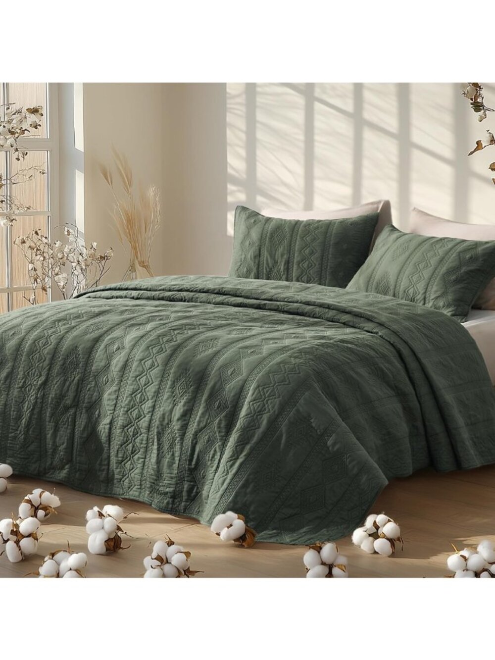 100% Cotton King Quilt Set - Soft Olive Green Bedspread for Cozy Home Decor - Picture 6 of 9